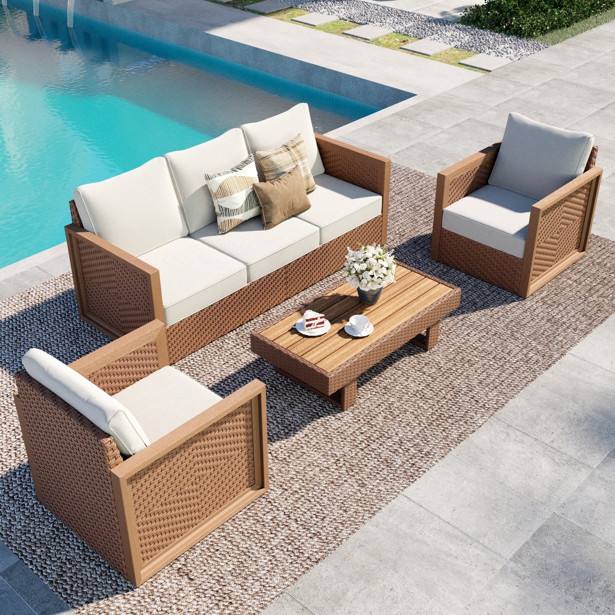 MF Studio 4-Piece HDPE Outdoor Patio Furniture Set, Wicker Outdoor Patio Conversation Set with Wood-Grain Rattan Coffee Table, Beige