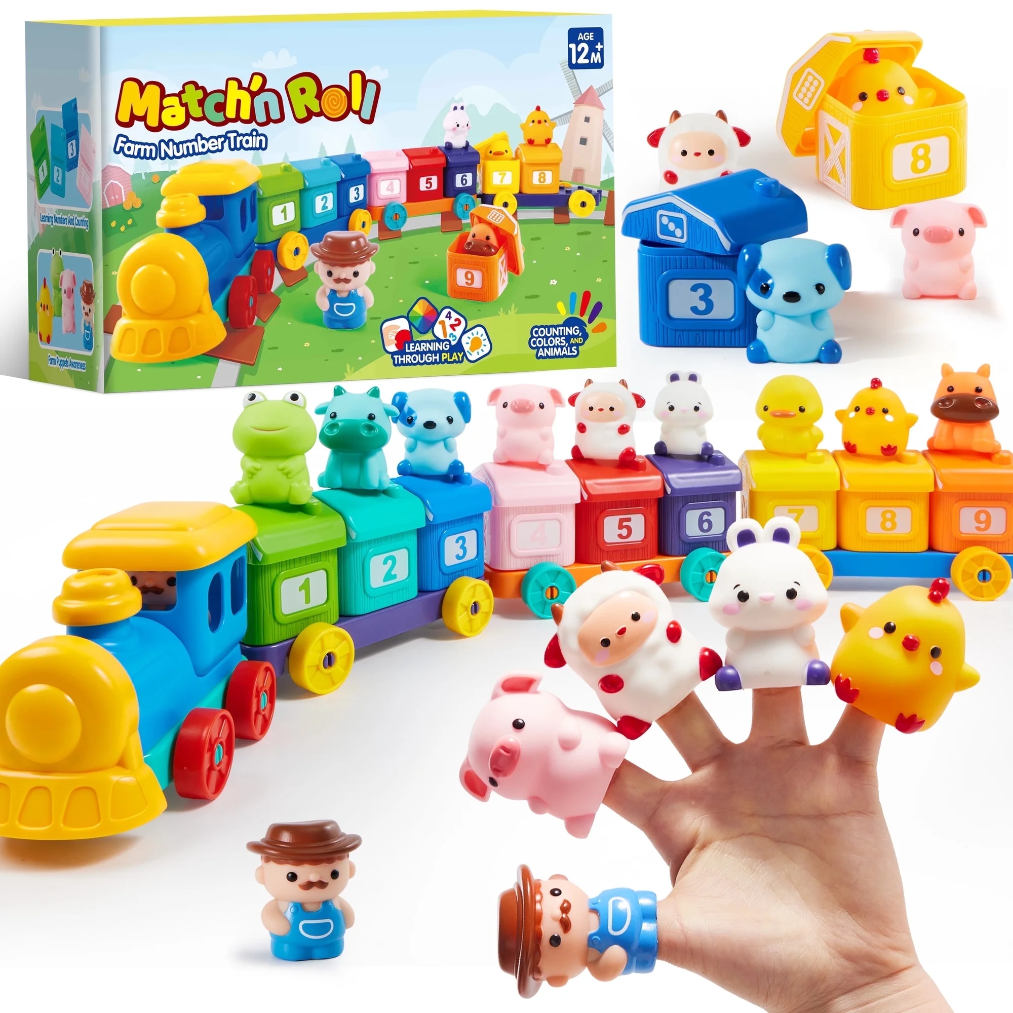 Joyfy Montessori Learning Toys for Toddlers 1 2 3 Years Old, Counting, Matching & Sorting Toy Train with 9 Farm Animals & 1 Farmer Finger Puppets, Christmas Birthday Gift for Baby Boys Girls