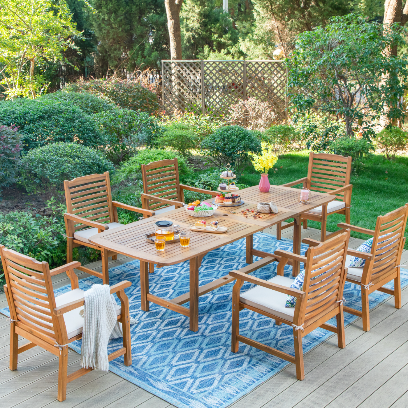 SUMMIT LIVING 7-Piece Acacia Wood Outdoor Patio Dining Set with 6 Wooden Chairs with Cushions & 1 Expandable Wooden Dining Table for 6-8 Person