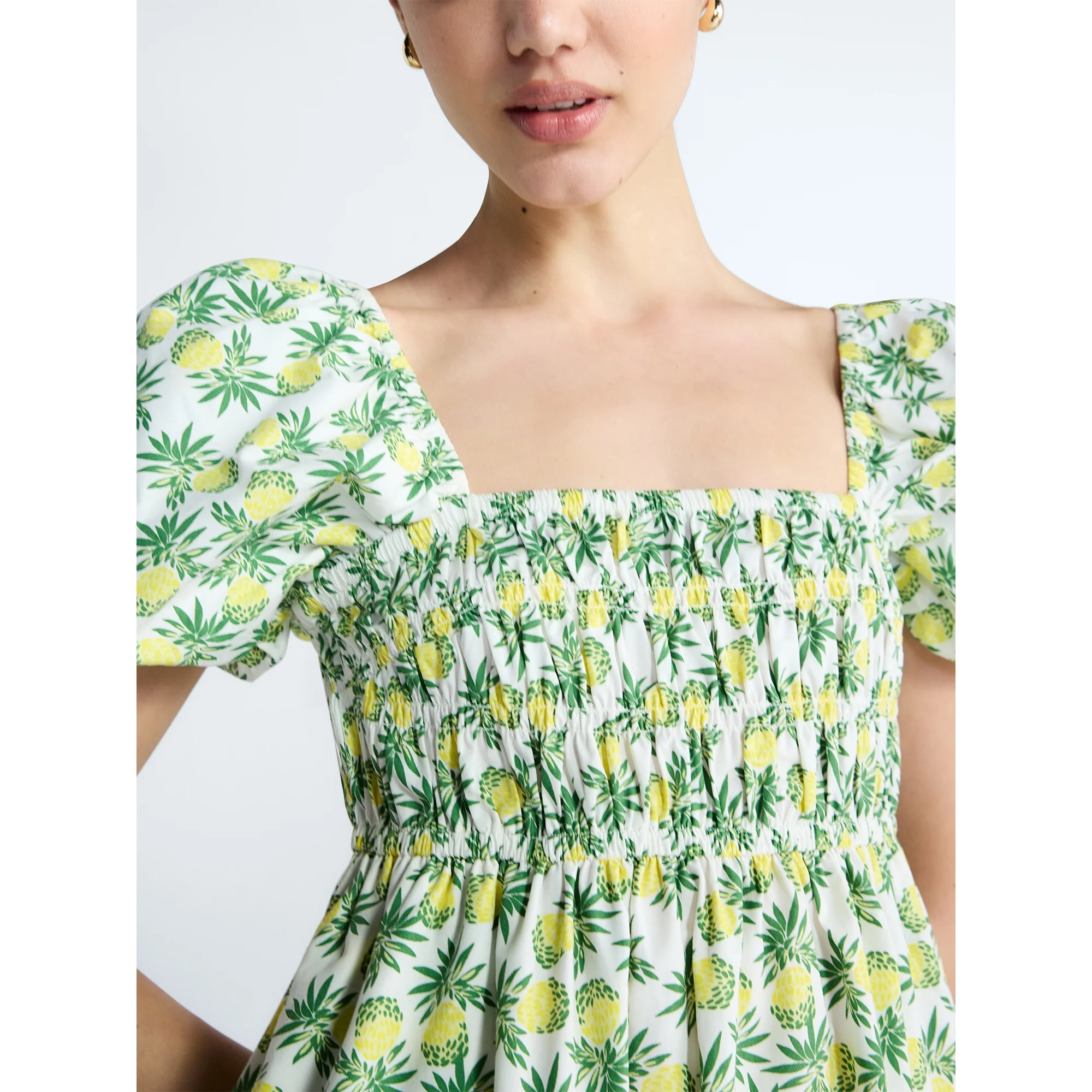 Free Assembly Women's and Women's Plus Smocked Cotton Peasant Mini Dress with Puff Sleeves, Sizes XS-4X