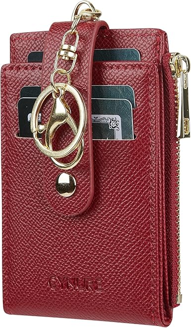 Women Leather RFID Blocking Card Holder Slim Small Zipper Keychain Front Pocket Wallet with 2 ID Window