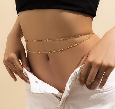 MIDEEO 2PCS 14K Silver Plated Waist Chain Pearl Belly Body Chain for Sexy Bikini Layered Adjustable Jewelry for Women