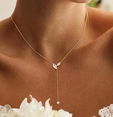 Long Gold Necklace for Women - Dainty Lariat Necklace 14K Gold Plated Clover Star Teardrop CZ Y Shaped Drop Necklaces Cute Long Necklaces for Women Trendy Prom Formal Summer Beach Jewelry