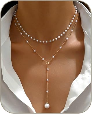 Layered Pearl Necklaces for Women 14K Gold Plated Trendy Faux Pearl Drop Y Necklace Dainty Pearl Choker Gold Layering Necklace,Jewelry Gift for Her,Mother,Wife,Girlfriend