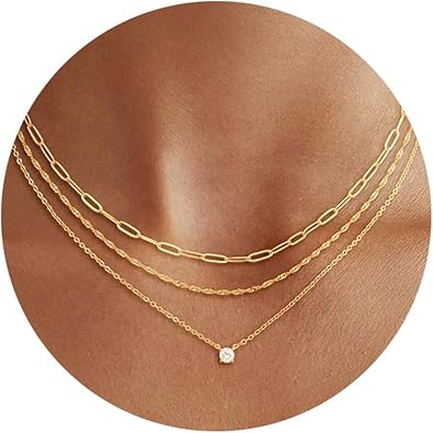 CHESKY 14K Gold Plated Layered Necklaces for Women,Dainty Gold/Silver Plated Chain Necklace CZ Pendant Necklace Adjustable Layering Choker Necklace jewelry Gifts