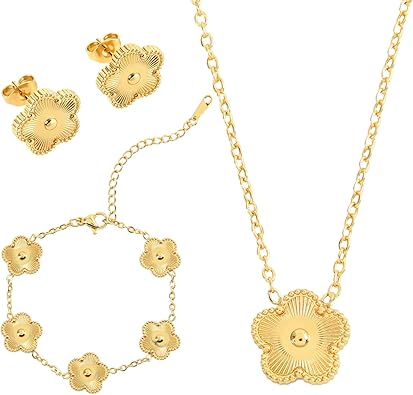 Hypoallergenic Women's Four Leaf Clover Jewelry Set 14K Gold-Plated Stainless Steel Clover Necklace Bracelet Earrings Fashionable And Exquisite Daily for Women Accessory Gift
