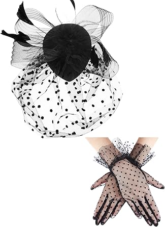 SATINIOR 50s Fascinators for Women Funeral Veil Tea Party Hat and Gloves Pillbox Cocktail Hat