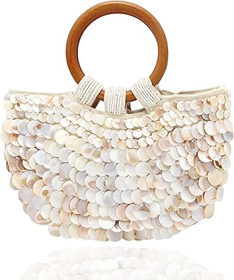 Miuco Shell Purse For Women Handmade Seashell Beaded Clutch Beach Wooden Top Handle Bag