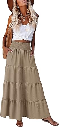ANRABESS Womens Maxi Skirts, Elastic High Waist A-Line Tiered, Long Flowy Boho Skirts, Summer Casual Beach & Vacation Wear