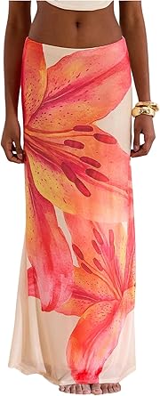 Milumia Women's Floral Low Waist Mesh Maxi Skirt Boho Bodycon Fishtail Long Skirts