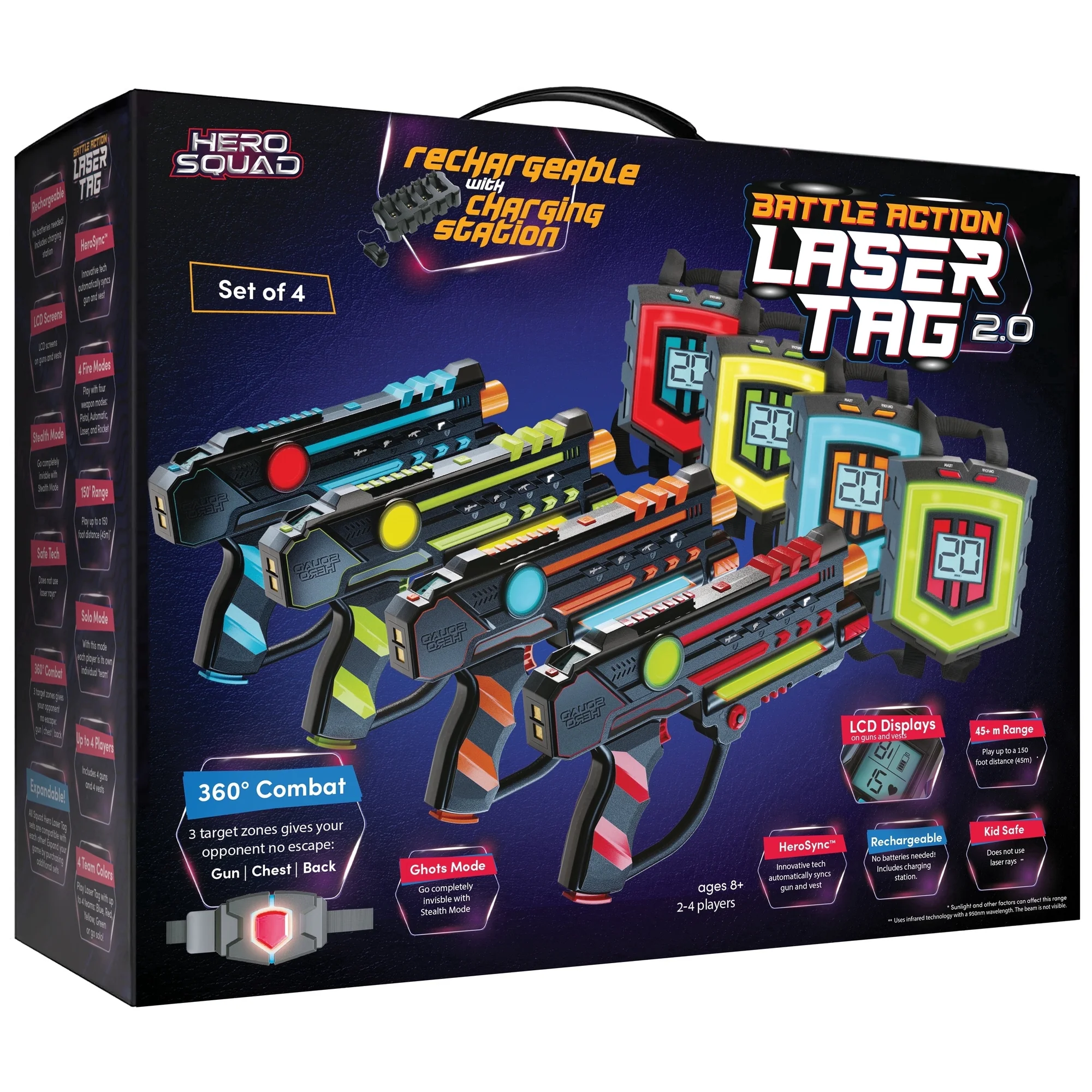 Hero Squad Laser Tag Set of 4 – Rechargeable Blasters with LCD & 360° Sensors – Fun for Kids, Teens & Adults