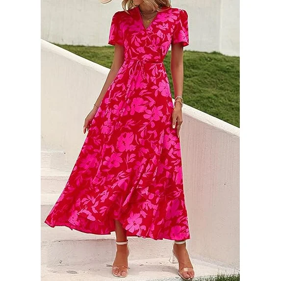 PRETTYGARDEN Women's Summer Wrap Maxi Dress Casual Boho Floral V Neck Short Sleeve Ruffle Hem Split Beach Long Dresses
