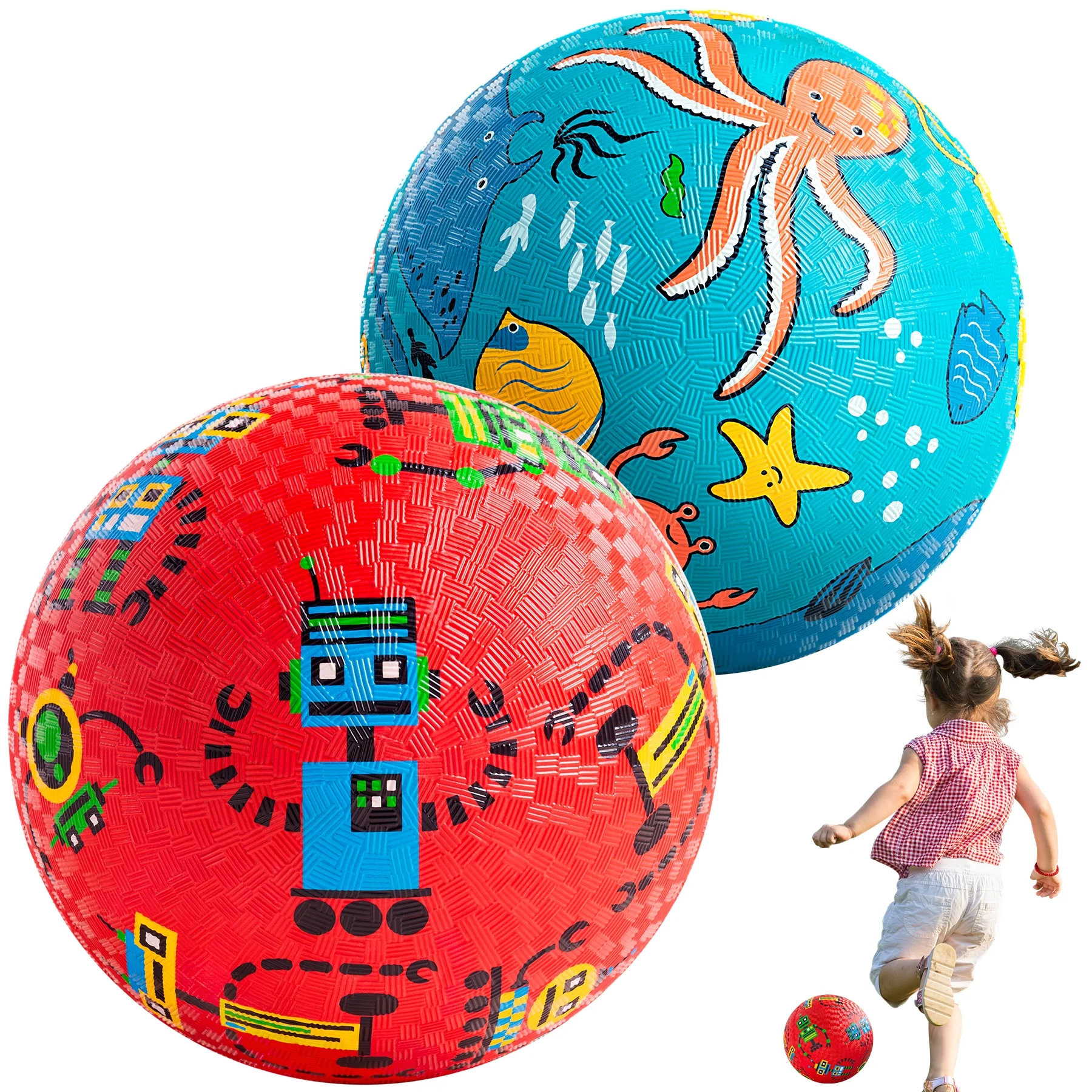 PLAYZAP Planet 2 Pack Playground Balls for Toddler Kids, 6 inch 8.5 inch Cartoon Rubber Balls with Pump, Dodgeball Kickball for Outdoor & Indoor Game, Great Gift for Boys Girls Aged 1 and Up