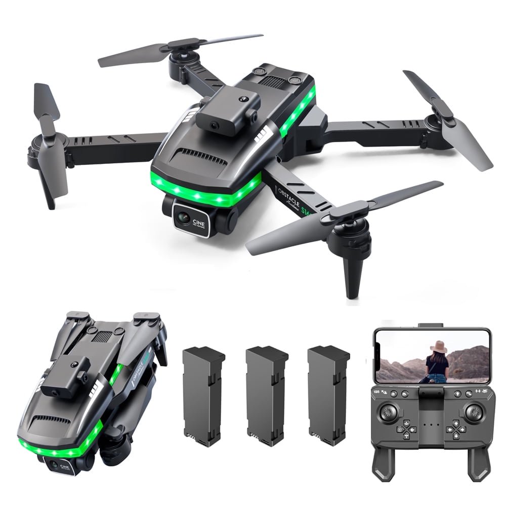 S162 RC Drones,HD Dual Camera , 2.4G WIFI ,FPV Colorful Lighting , 360 Obstacle Avoidance, Folding Quadcopter Remote Control Aircraft Toy, for Adults and Childers, 3 Battery, Black