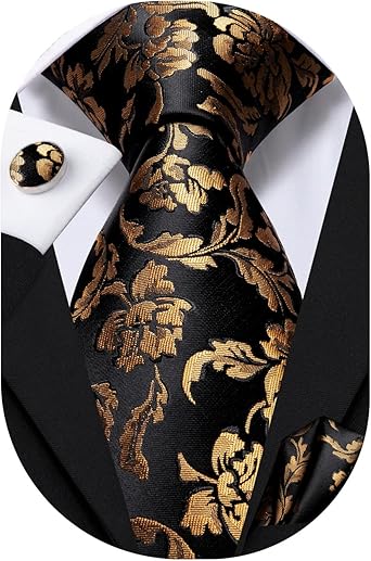Hi-Tie Mens Plaid Ties Classic Paisley Necktie with Handkerchief Cufflinks Set Business Stripe Tie