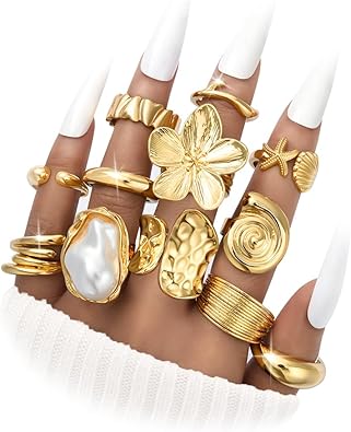 FAXHION 12 PCS Chunky Gold Rings for Women Non Tarnish Statement Flower Ring, 14K Gold Plated Stackable Open Stacking Rings, Big Knuckle Trendy Ring Set Jewelry Gift