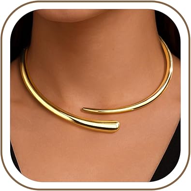 Statement Chunky Gold Collar Necklace for Women,Teardrop Open Cuff Choker with Spring-Hinged Clasp, Modern Torque Bangle Design, Elegant Thick Wrap Fashion Jewelry Gift