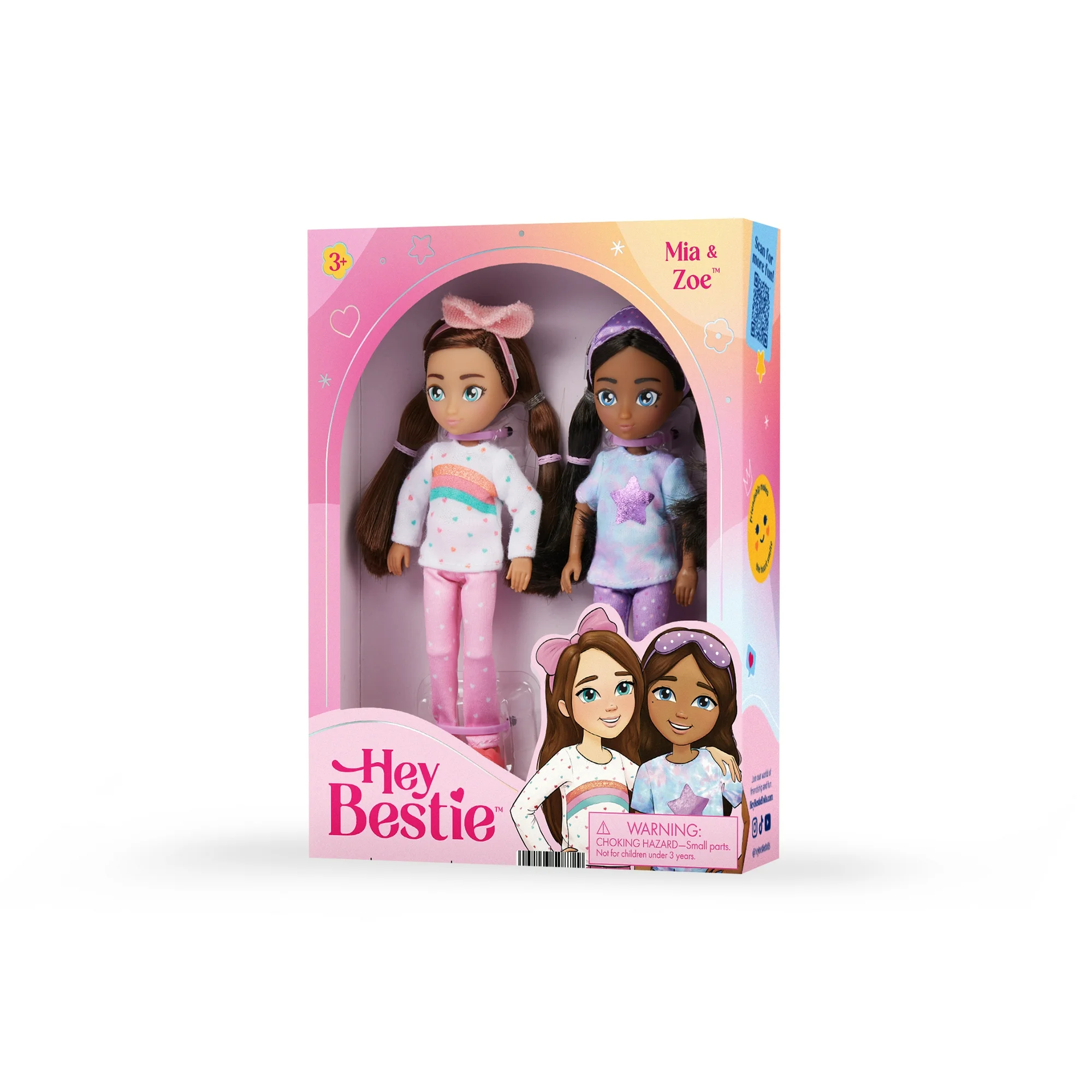 Hey Bestie Mia & Zoe Slumber Party Set of 2 (5.5-inch) Bendable Dolls, Brown Hair & Blue Eyes, Ages 3 & Up