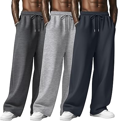 August Alley 3 Pack Men's Baggy Sweatpants Wide Leg Open Bottom Drawstring Pants Lounge Athletic Loose Joggers with Pockets