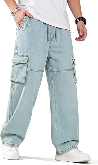 Heyfanee Mens Baggy Cargo Jeans Wide Leg Y2K Elastic Waist Denim Pants for Men with Drawstring Streetwear