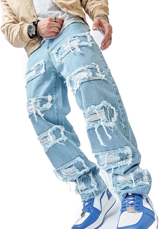 WEIBUMAOYI Men's Wide-Leg Jeans Straight Leg Carpenter Denim Pants Loose fit Trousers