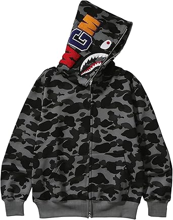 Unisex Camouflage Hoodie with Shark Embroidery, Full Zip, Lightweight Couple sweatshirts heavyweight hoodie