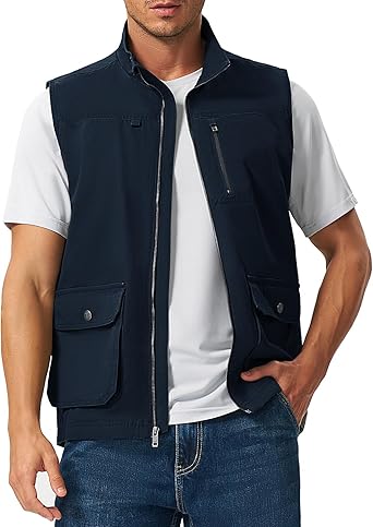 Rdruko Men's Safari Vest, Lightweight Casual Cotton Full Zip Vest with 4 Pockets for Work Utility Travel Hiking Fishing