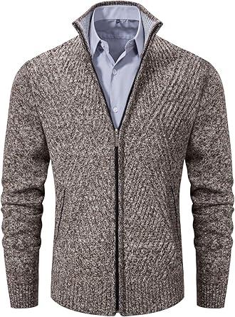 VtuAOL Men's Cardigan Sweaters Full Zip Sweaters Stand Collar Casual Knitted Cardigan with Pockets