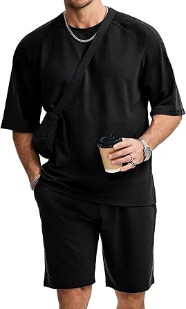 JMIERR Mens Casual Oversized Short Sets 2 Piece Summer Outfits Raglan Sleeve T-shirts & Shorts Tracksuit