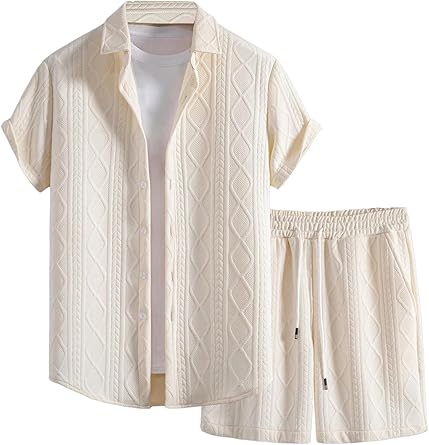 GORGLITTER Men's 2 Piece Outfits Waffle Knit Button Down Shirt Top and Shorts Set