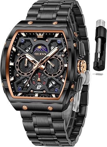 OLEVS Men Watches Business Dress Chronograph Big Square Quartz Analog Male Watch Silicone Strap Waterproof Date Gift Mens Wrsit Watch Silver