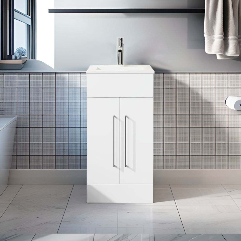 16" Small Bathroom Vanity, Freestanding White Cabinet with Drop-in Sink, 2 Doors
