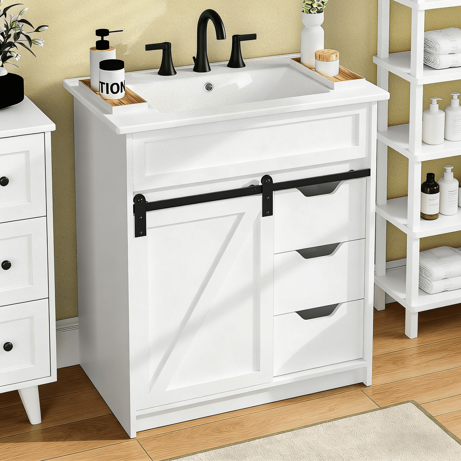 EVOKEDEN 30" Bathroom Vanity with Sink, Bathroom Storage Cabinet with Sliding Barn Door, Farmhouse Bathroom Cabinet with 3 Drawers, White