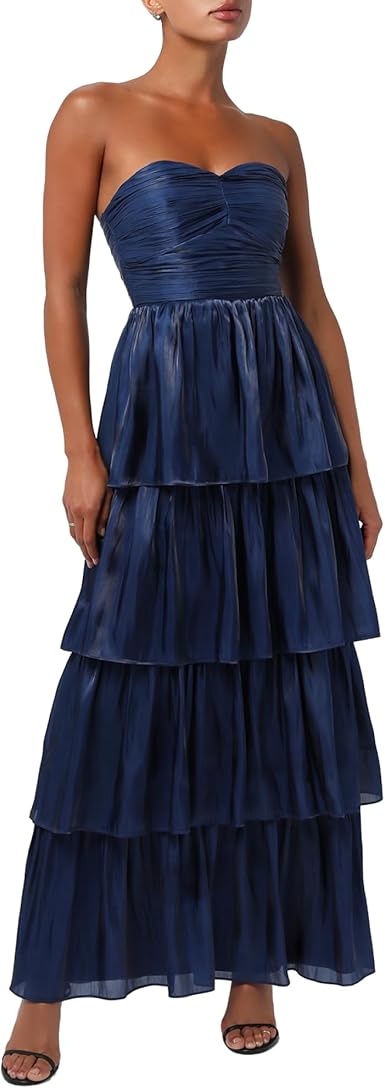 Lulus Bella Tiered Maxi Dress for Women Elegant Strapless Pleated Sweetheart Bodice, Satin Formal A-Line Maxi Dress