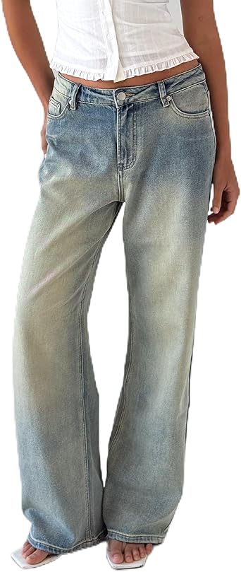 Tiger Mist Women’s Zanthe Baggy Jeans - Low Rise Wide Leg Denim with Butterfly Back Graphic - Vintage Wash