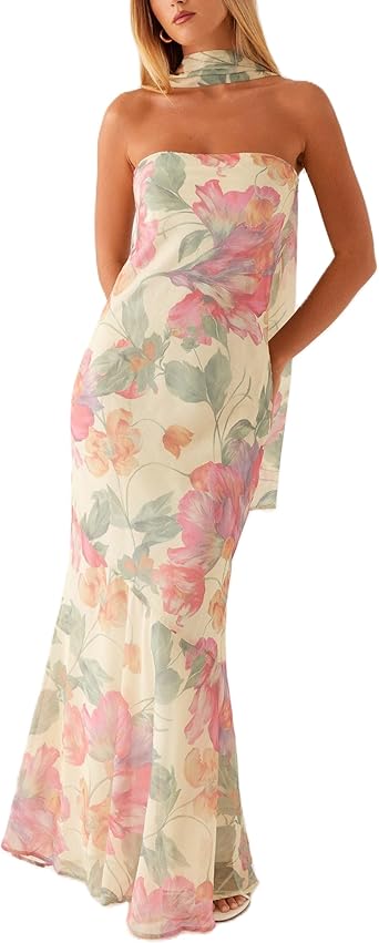 Women Strapless Floral Dress with Sarf Mesh Tube Maxi Dress Summer Cocktail Wedding Guest