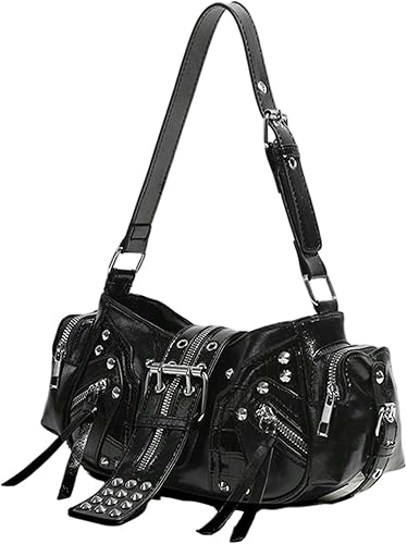 MakeMeChic Women's Rivet Shoulder Bag PU Leather Buckle Y2K Punk Vintage Tote Bag Handbags
