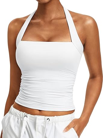 Avidlove Halter Tops for Women Summer Going Out Top Double Layer Square Neck Tank Top Ruched Slim Fit Y2k Outfits