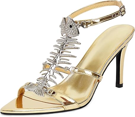 Strappy Heels for Women Stiletto High Heeled Sandals Fishbone Rhinestone Pointed Open Toe Sexy Dress Party Wedding Gladiator Heels