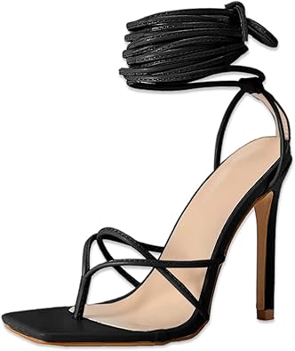 PiePieBuy Women's Lace Up Heeled Sandals Square Flip Flop High Heels Strappy Party Shoes