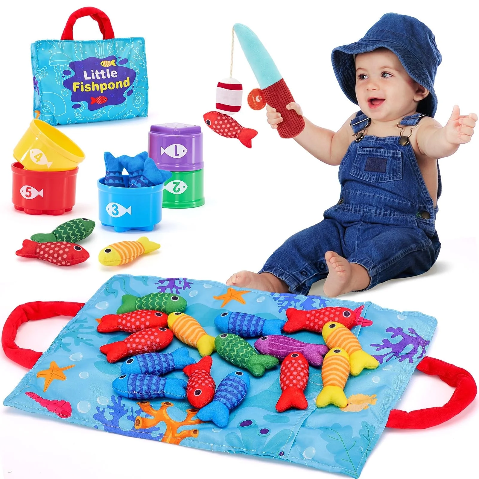 ToyM Toddler Toys Montessori Toys for 1 Year Old Boy Girl Birthday Gift, 10 in 1 Cloth Fishing Game with Stacking Cups- Number Counting, Color Sorting, Shape Learning Easter Gifts Toddler Boy