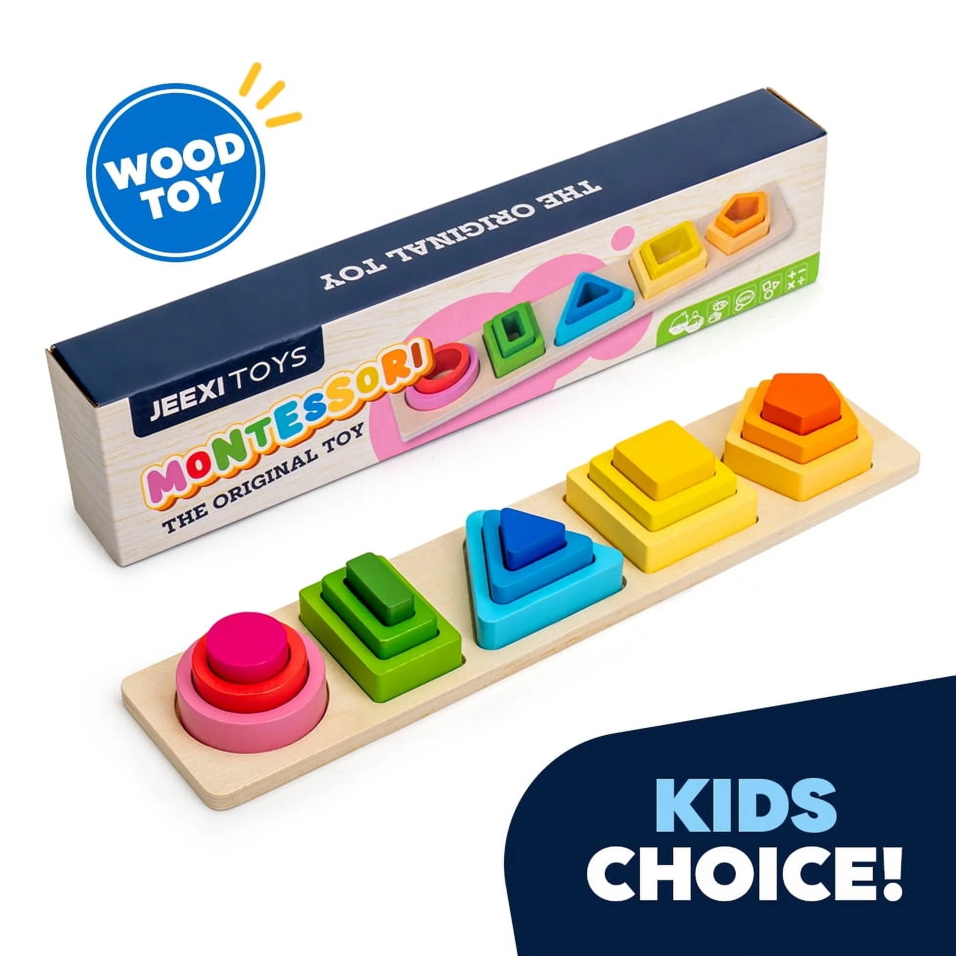 Jeexi Montessori Toys for 18+ Months Old - Toddlers Wooden Sorting and Stacking Toys for Baby Boys and Girls - Shape Sorter and Color Stacker Preschool Kids Wood Gifts, Christmas Stocking Stuffers