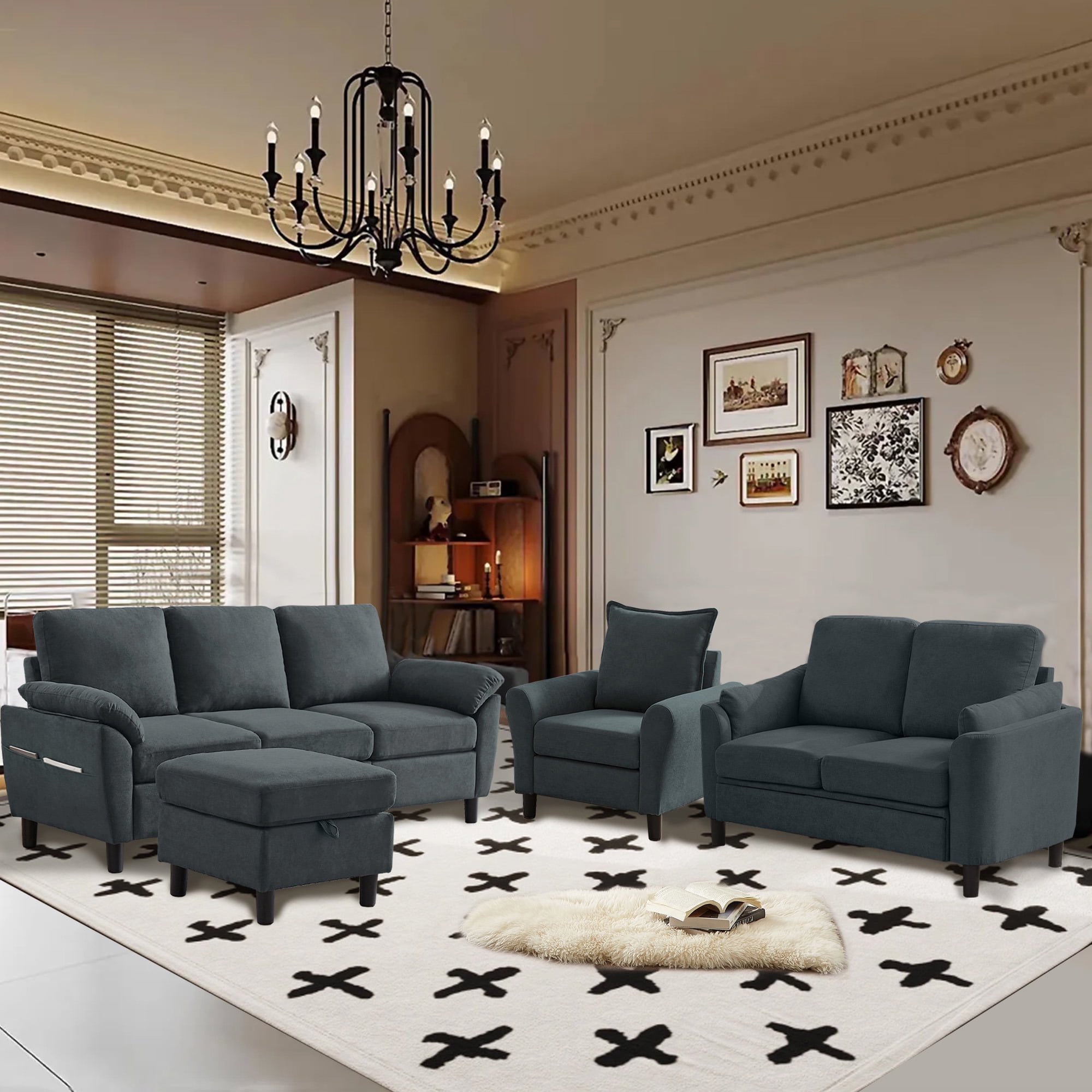 Pingliang Home 4 Piece Sofa Set,Sectional Sofa Couch with Storage Ottoman and Storage Pockets, L Shaped 3 Seater+Ottoman+Loveseat+Accent Chair,Living Room Furniture Set for Apartment Apt Living Room