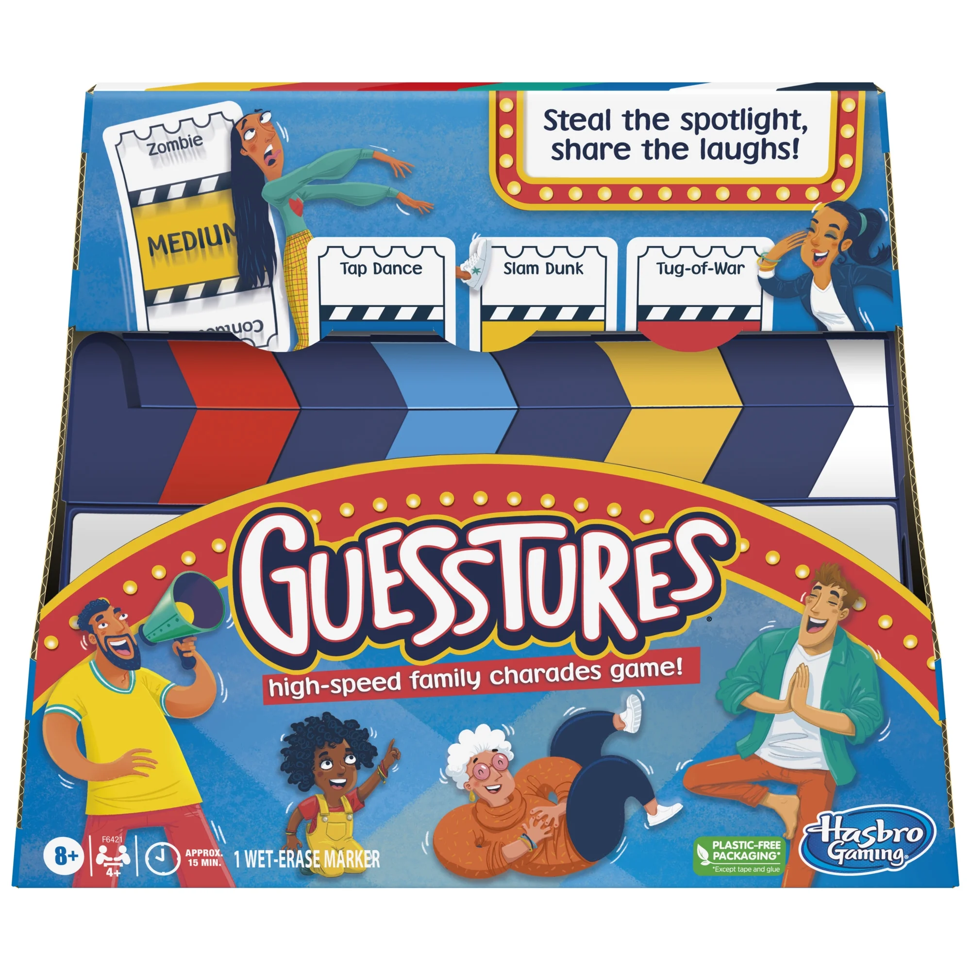 Guesstures Game, Charades Family Party Game for 4+ Players, Includes Customizable Cards and Clapper