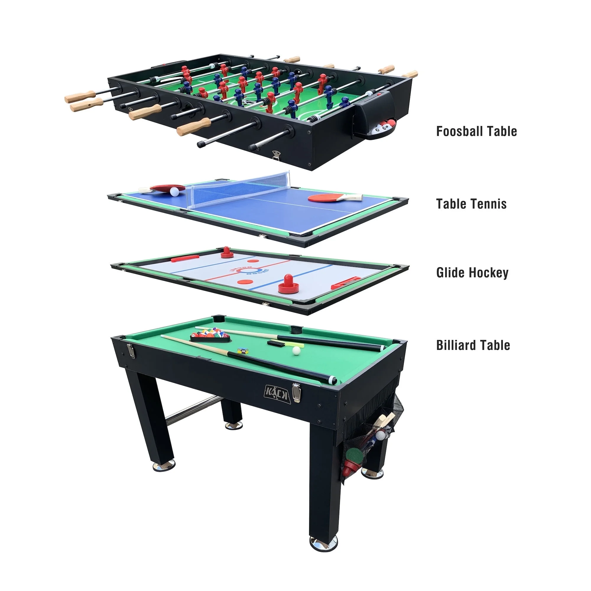 KICK Quad 48″ 4-in-1 Multi Game Table (Brown) - Foosball, Billiards/Pool, Glide Hockey and Table Tennis