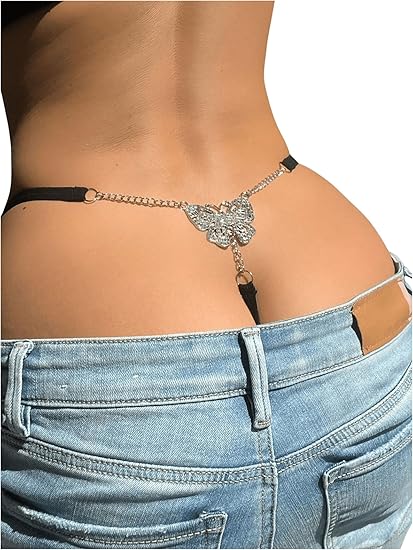 RoseSeek Women's Sparkling Butterfly Chain Underwear Low Rise Cheeky G String Panty