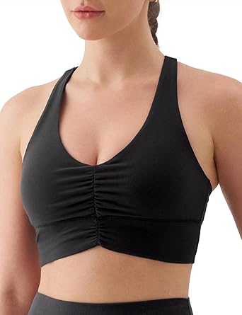 K-Swiss Ruched Longline Sports Bras for Women - Racerback V Neck Padded Yoga Tank Wide Straps Crop Tops