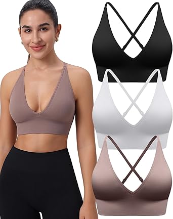 Evercute Women's Sports Bras 3/4 Pack Adjustable Deep V Neck Bras Wireless Spaghetti Strap Criss Cross Padded Low Support Bra