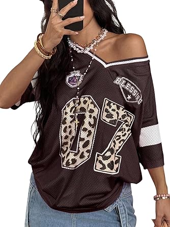 SOLY HUX Women's Y2k Leopard Number Graphic Oversized Tops Football Jersey Shirts Streetwear