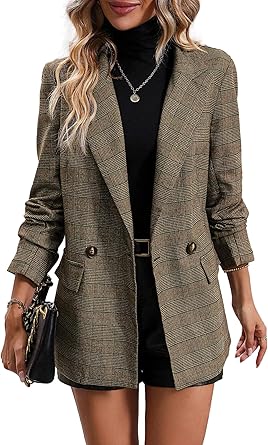 Mina Self Women's 2026 Plaid Houndstooth Blazer - Lightweight Fully Lined Button Casual Daily Office Work Jacket with Pockets